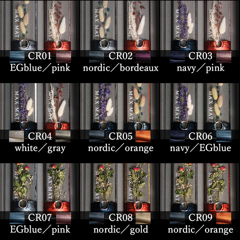 マックスマテリアブランドのクリスタルシリーズ。フェイスタオルセットのカラーバリエーションCR01〜09。